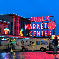 The Public Market Center neon sign at Pike Place Market, Seattle